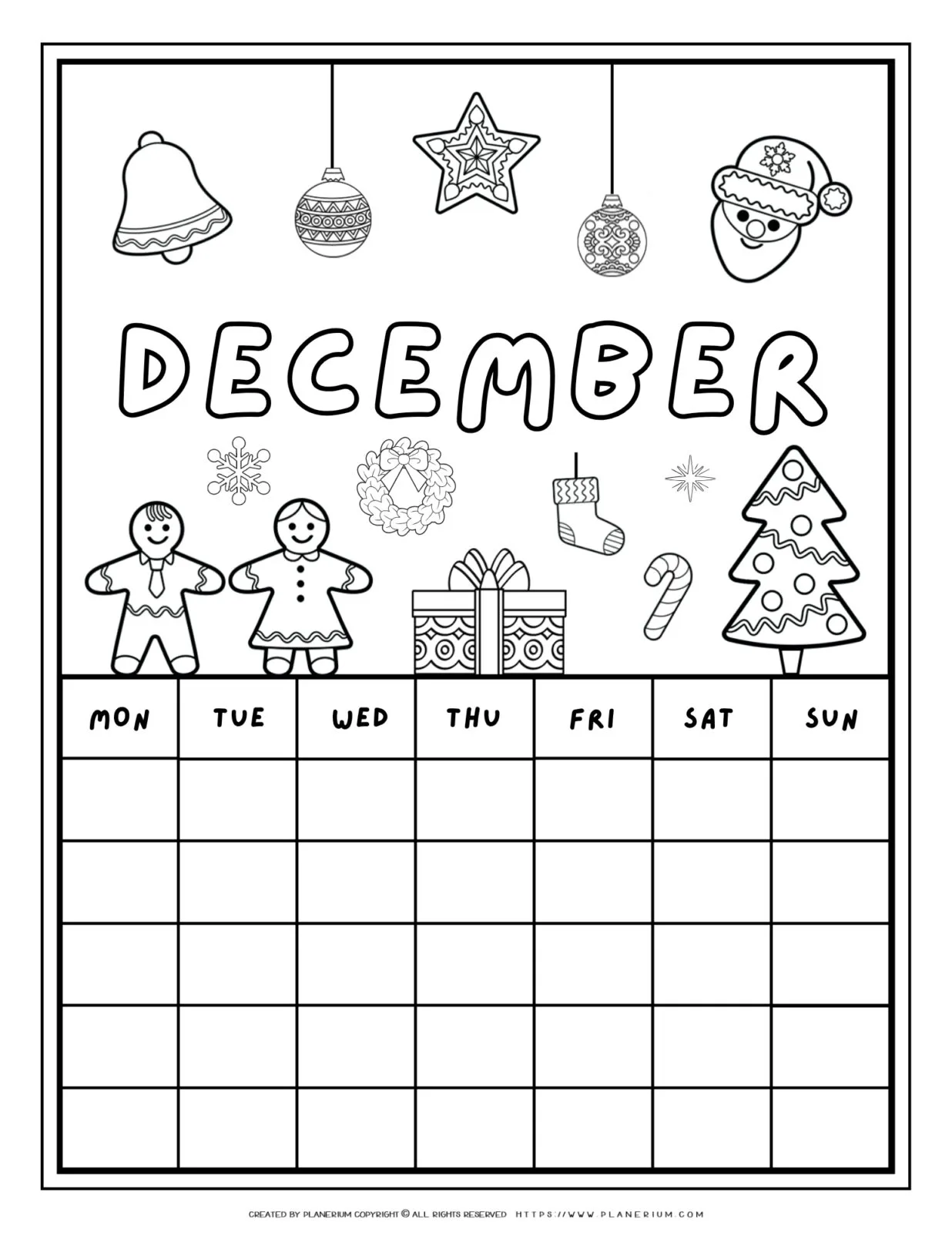 Printable December calendar coloring page with Christmas illustrations like a Christmas tree, gingerbread figures, and Santa