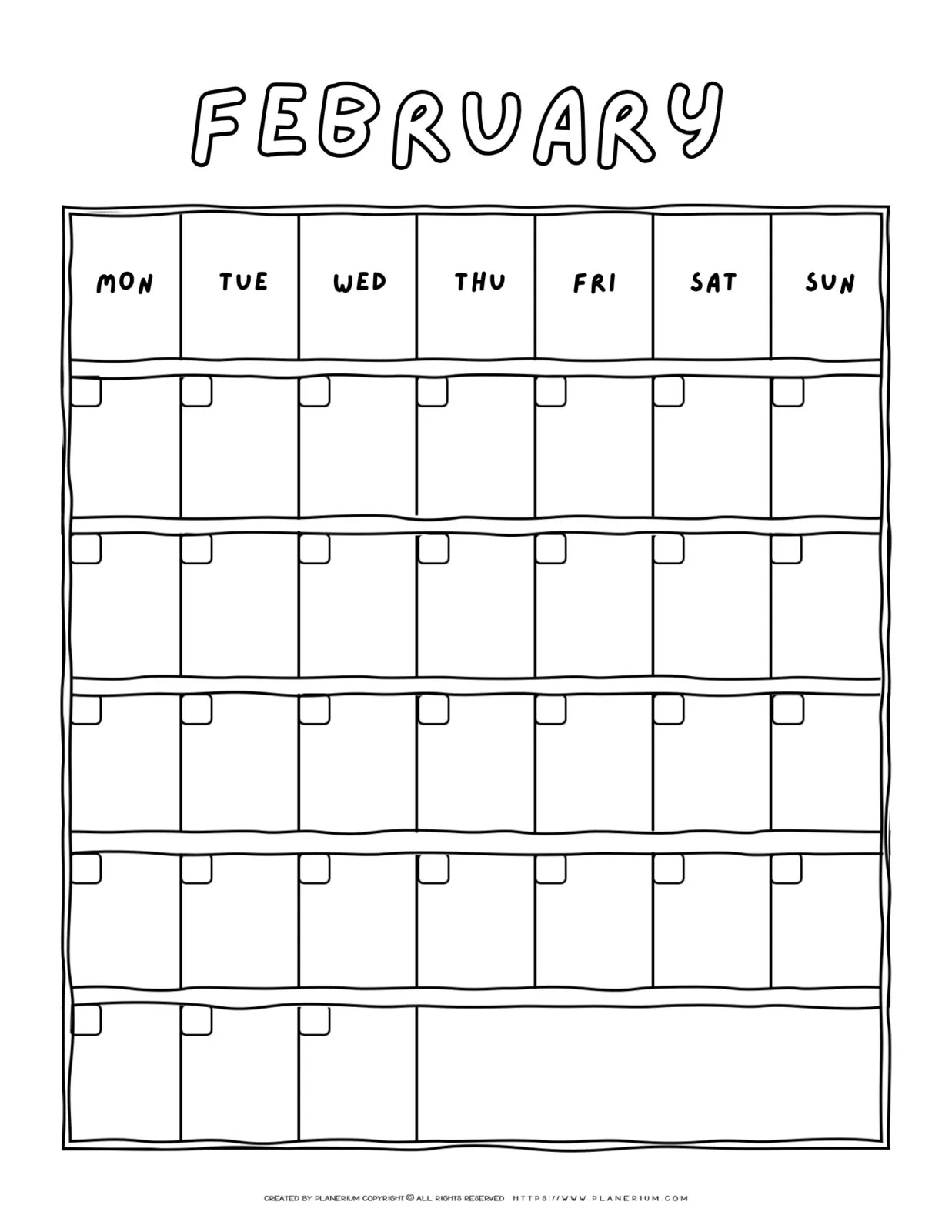 Printable blank February calendar with a Monday-to-Sunday grid