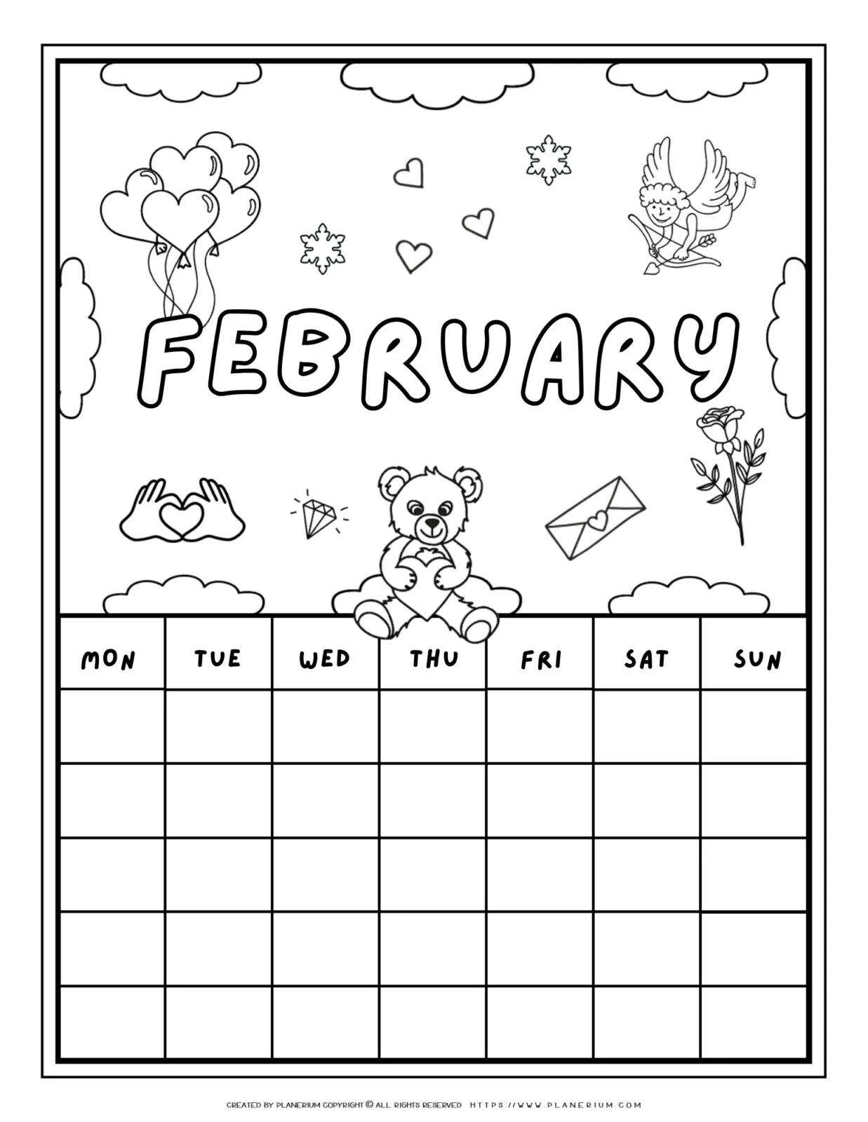 Printable February calendar coloring page with Valentine's Day illustrations like hearts, a teddy bear, and Cupid