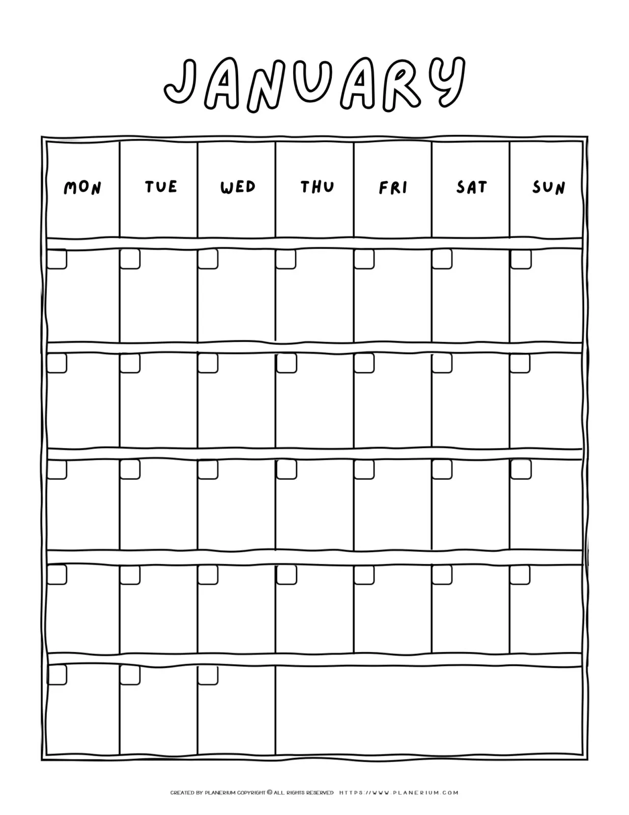 Printable blank January calendar with a Monday-to-Sunday grid