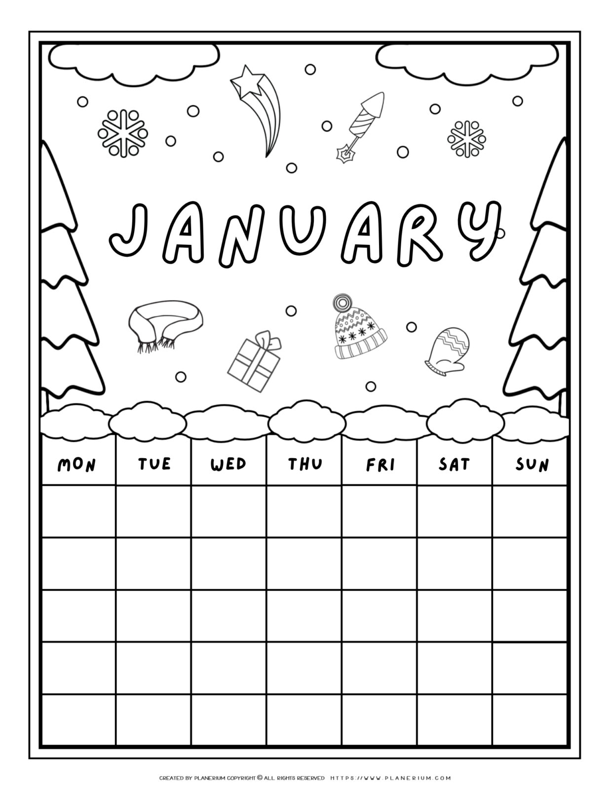 Printable January calendar coloring page with winter illustrations like snowflakes, mittens, and pine trees
