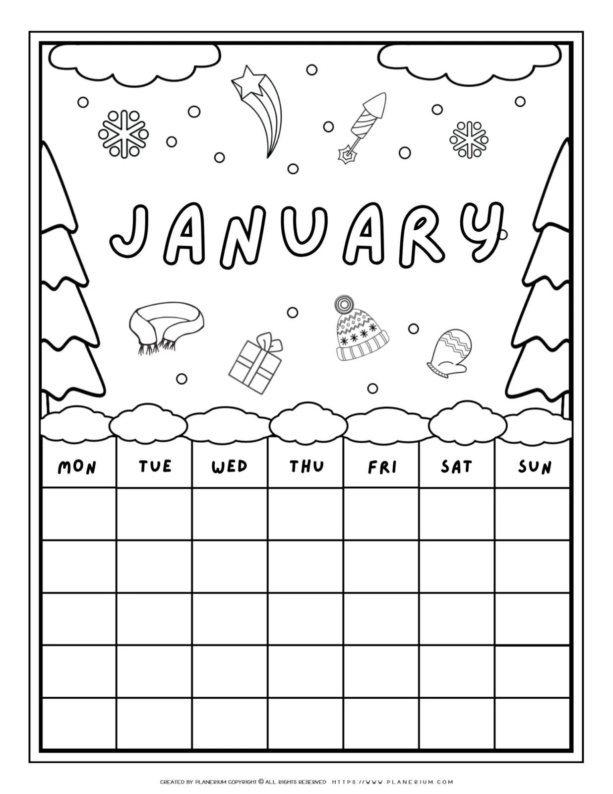 Printable January calendar coloring page with winter illustrations like snowflakes, mittens, and pine trees