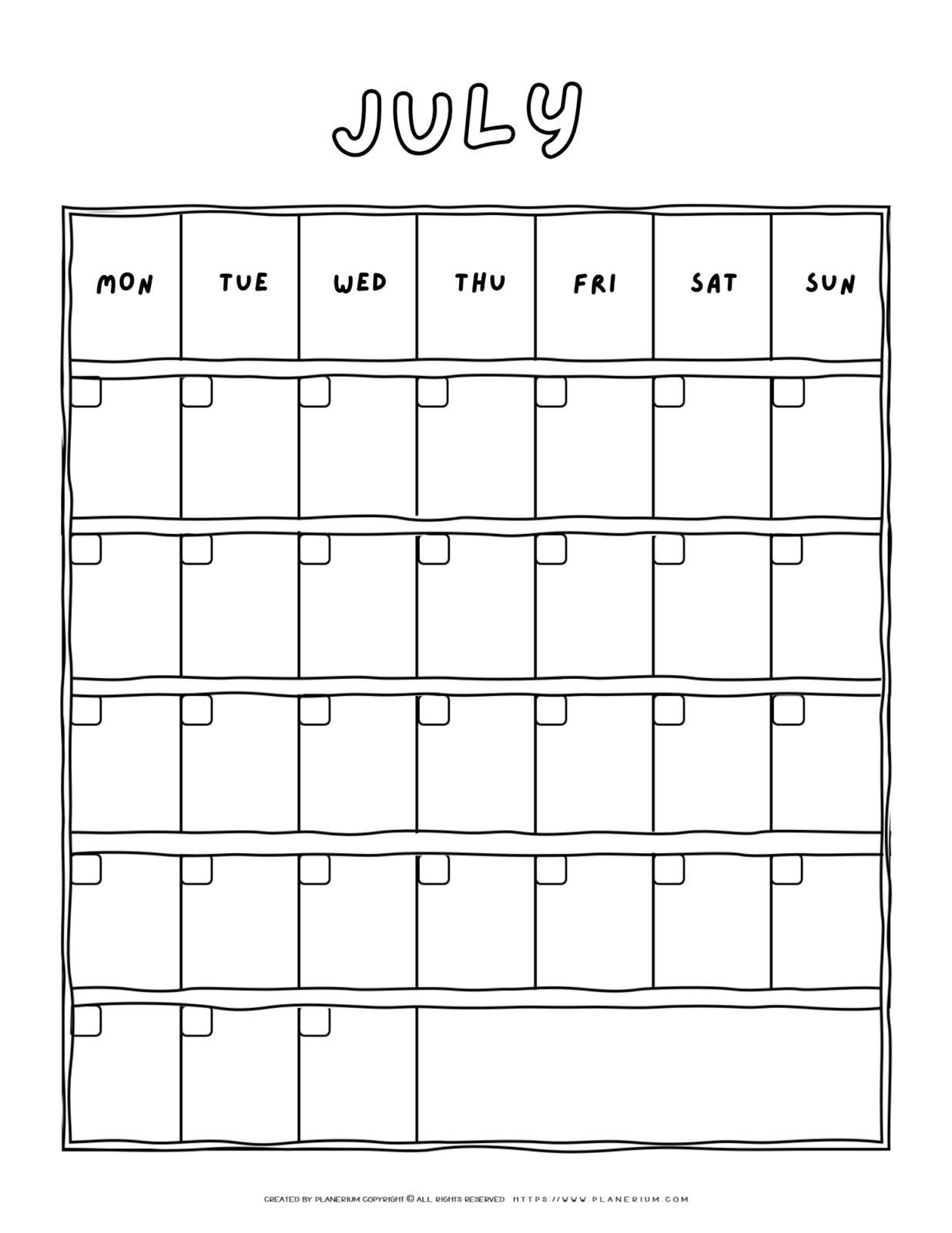 Printable blank July calendar with a Monday-to-Sunday grid
