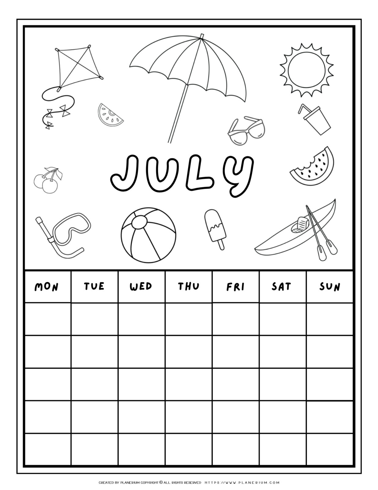 Printable July calendar coloring page with summer illustrations like a beach umbrella, kayak, and watermelon