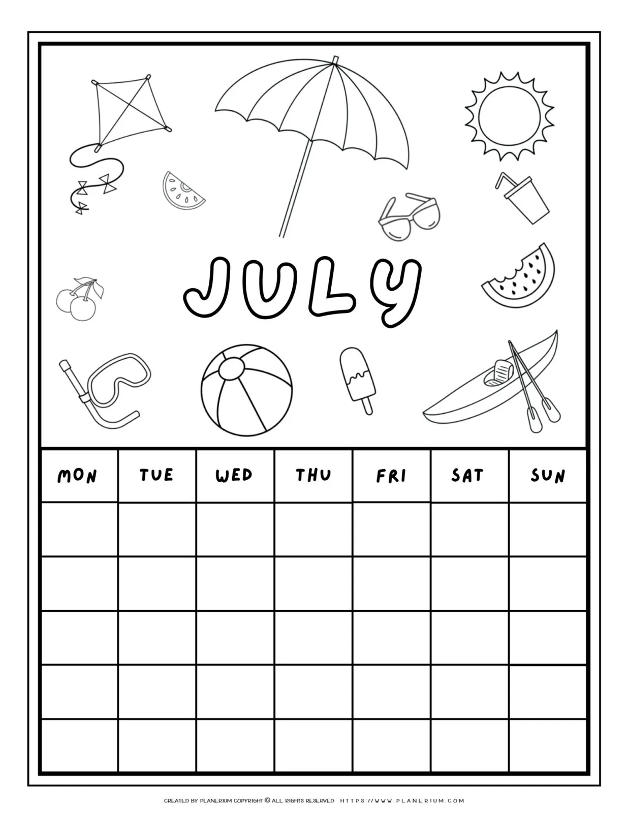 Printable July calendar coloring page with summer illustrations like a beach umbrella, kayak, and watermelon