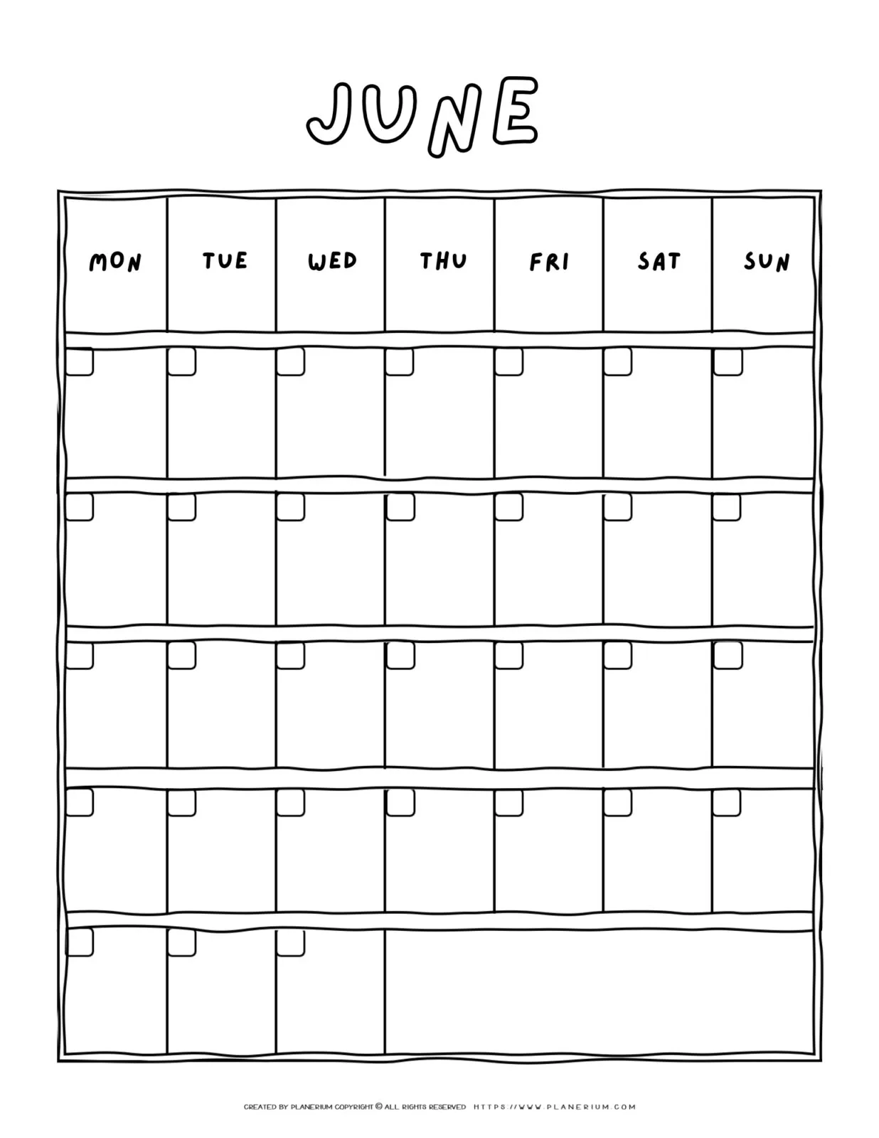 Printable blank June calendar with a Monday-to-Sunday grid