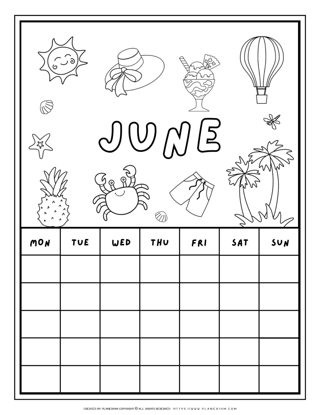 Printable June calendar coloring page with summer illustrations like a hot air balloon, palm trees, and a crab