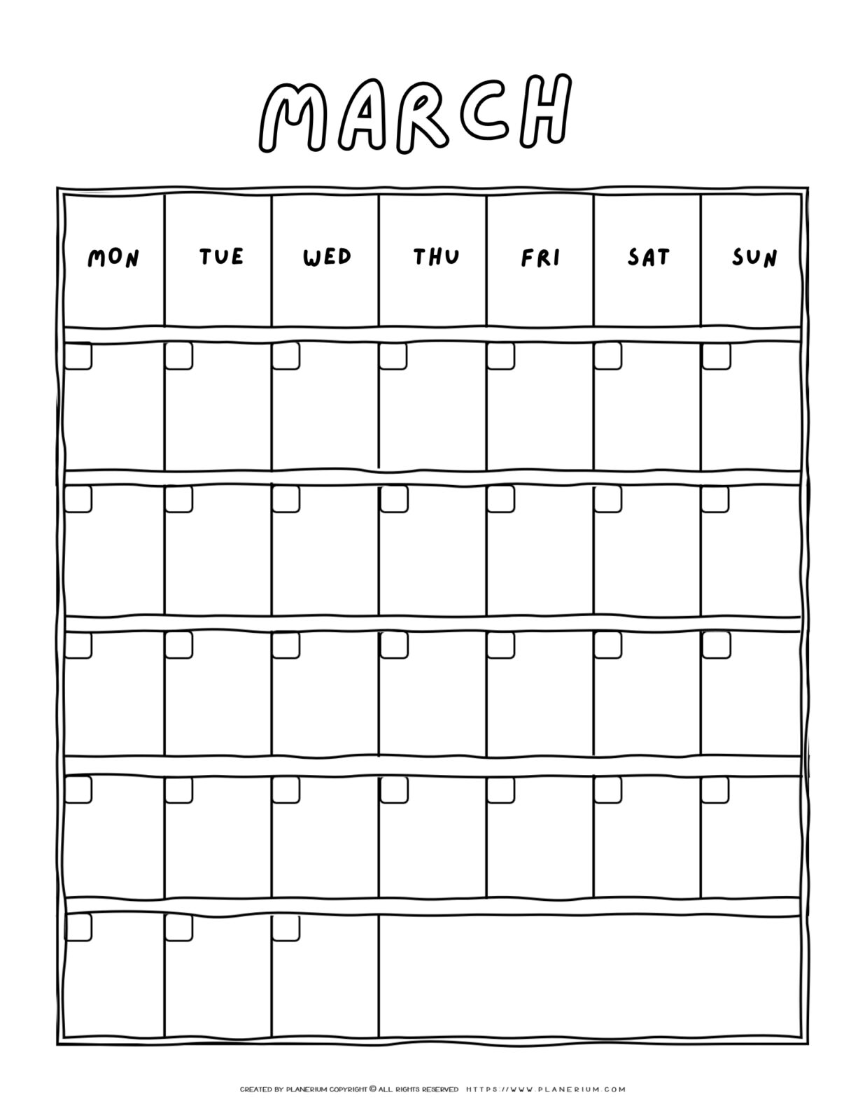 Printable blank March calendar with a Monday-to-Sunday grid