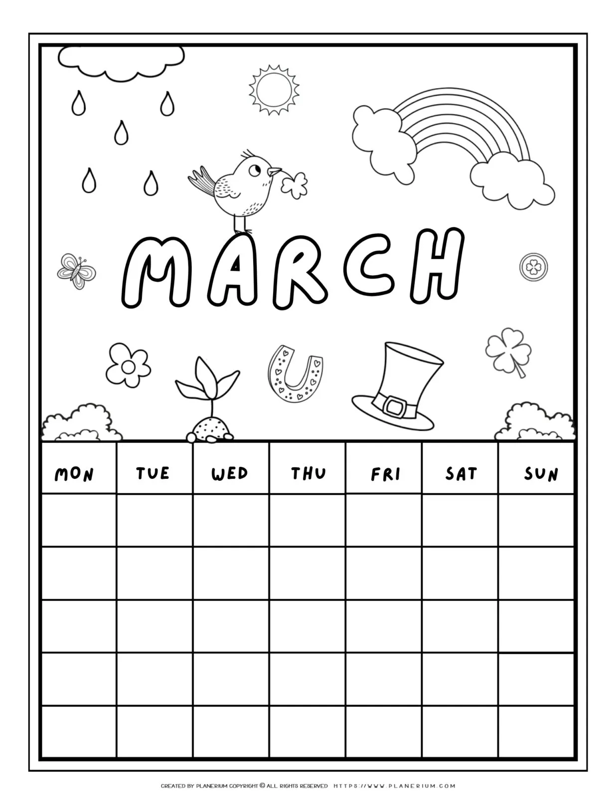 Printable March calendar coloring page with spring and St. Patrick's Day illustrations like a rainbow, a bird, and a shamrock
