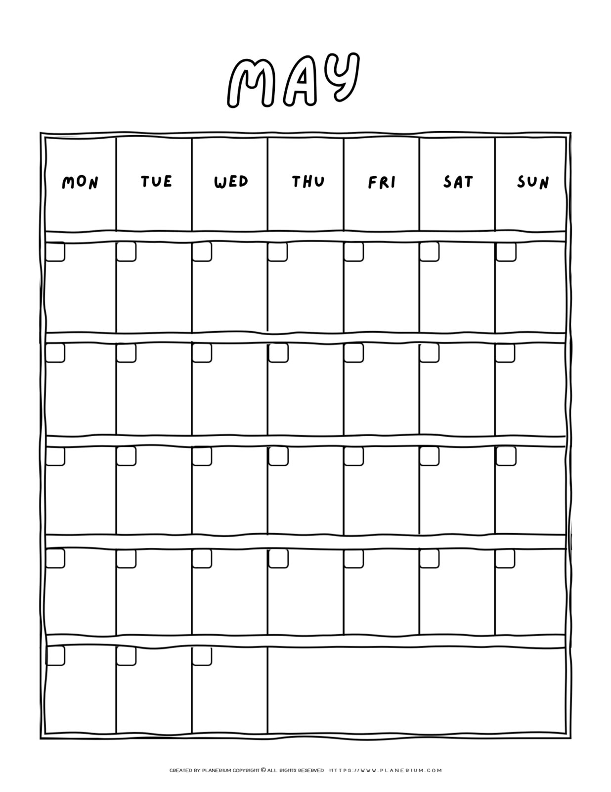 Printable blank May calendar with a Monday-to-Sunday grid