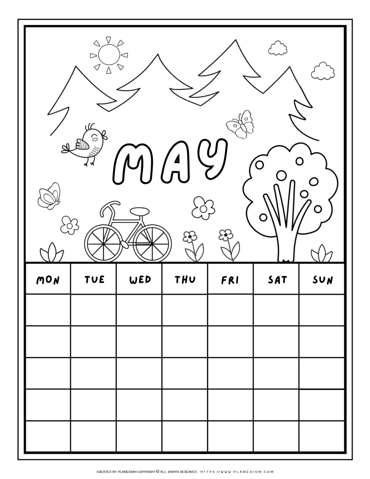 Printable May calendar coloring page with spring illustrations like a bicycle, a fruit tree, and flowers