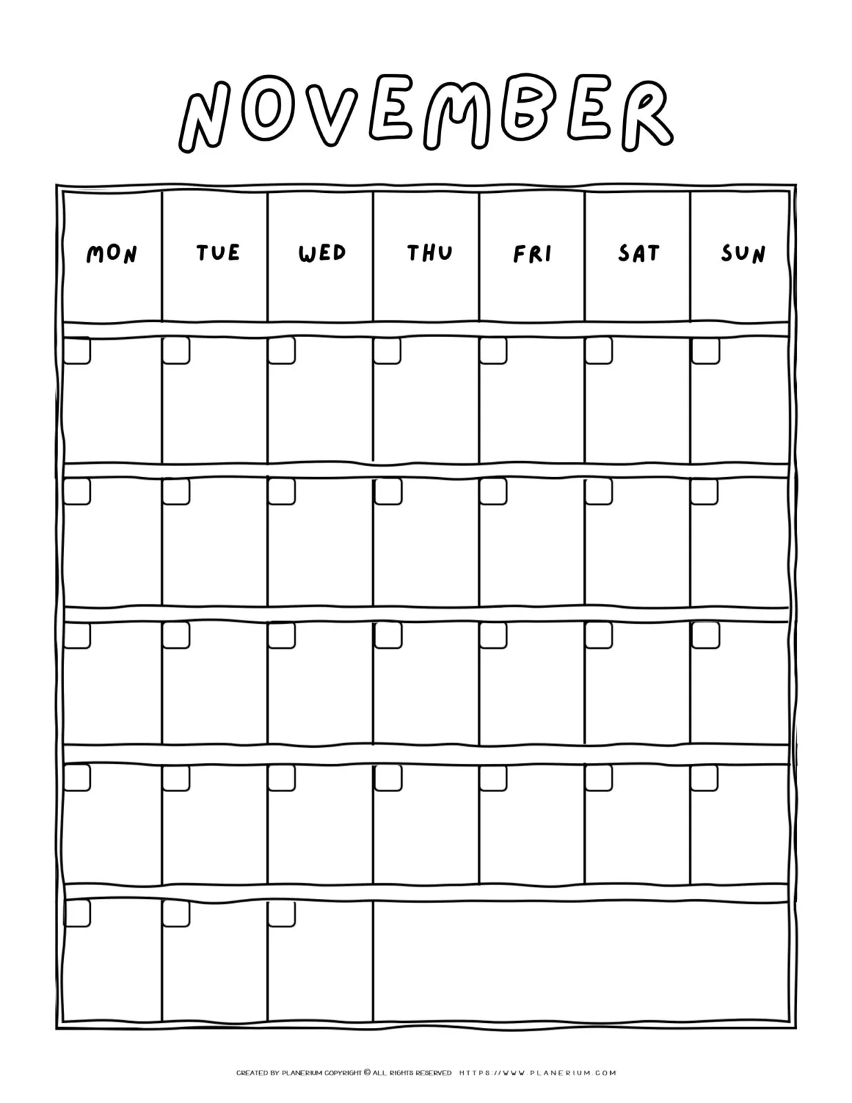 Printable blank November calendar with a Monday-to-Sunday grid