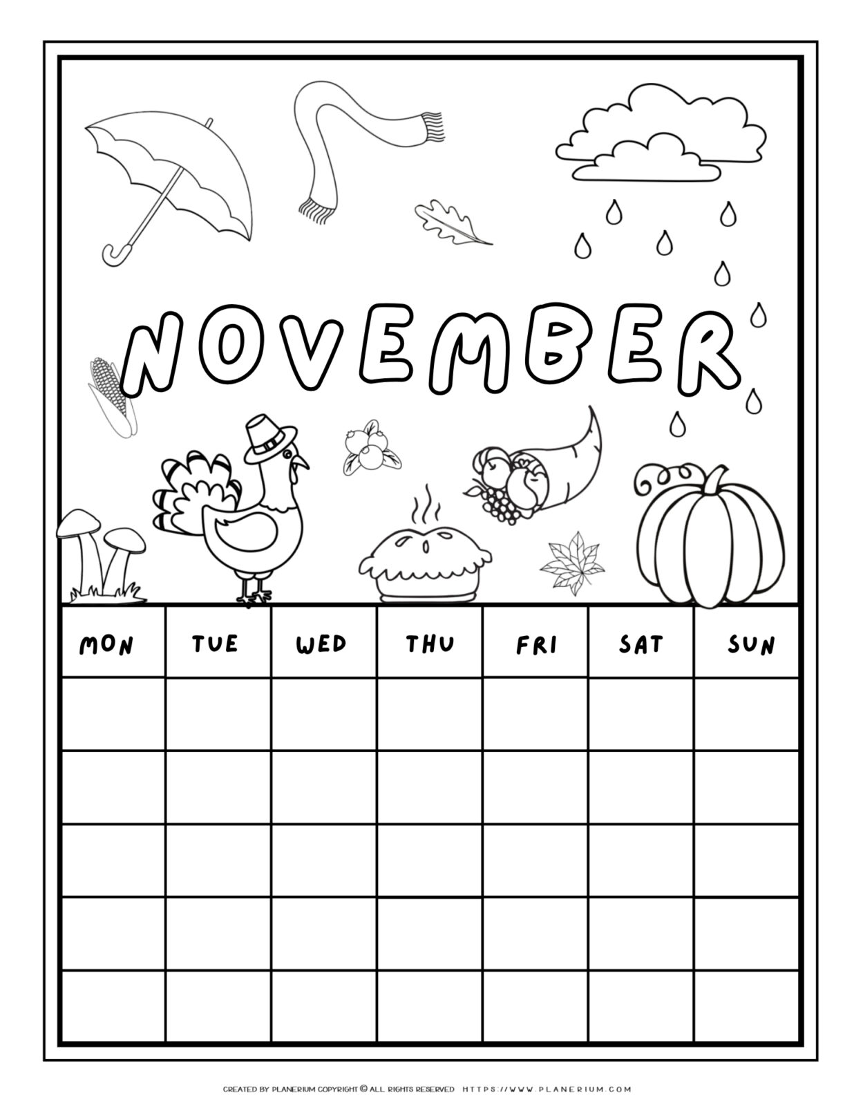 Printable November calendar coloring page with Thanksgiving illustrations like a turkey, pumpkin, and pie