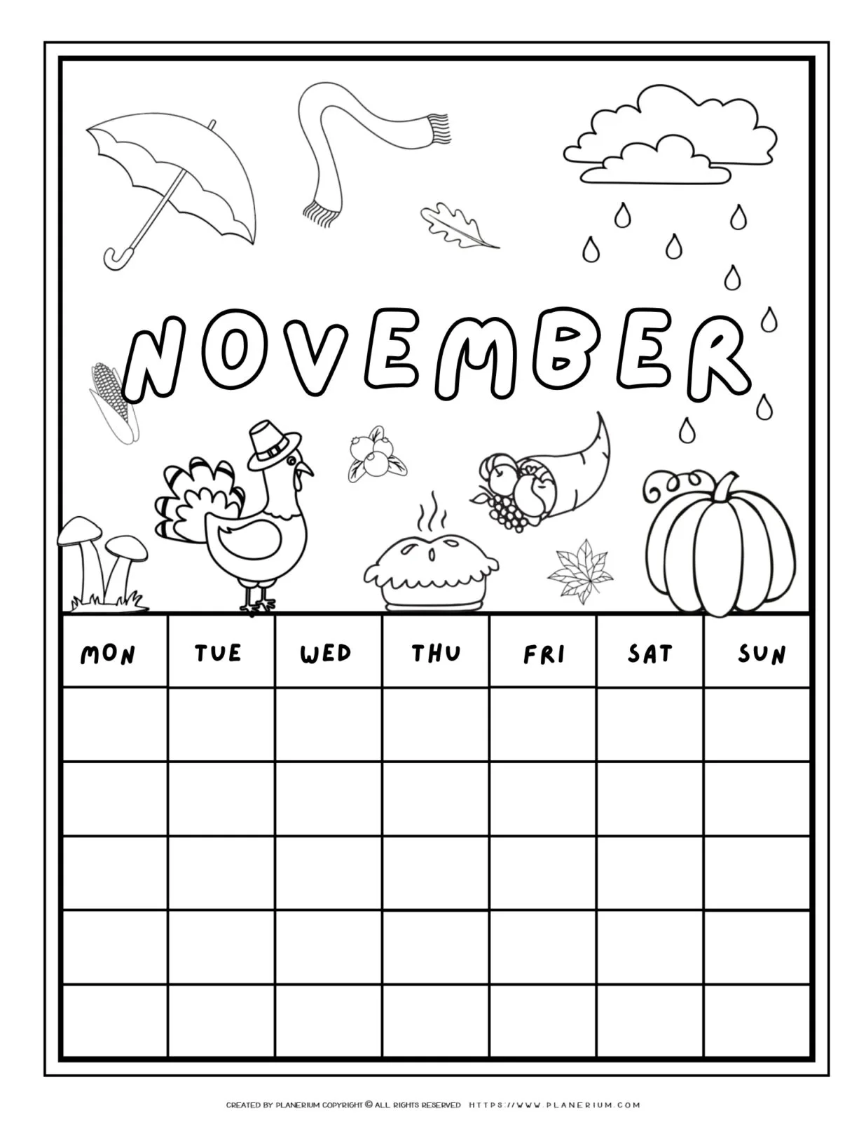 Printable November calendar coloring page with Thanksgiving illustrations like a turkey, pumpkin, and pie