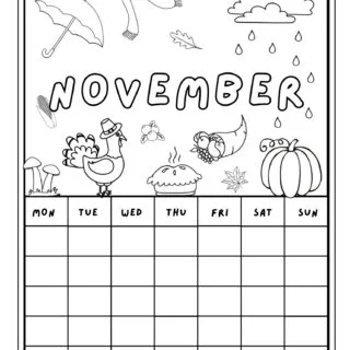Printable November calendar coloring page with Thanksgiving illustrations like a turkey, pumpkin, and pie