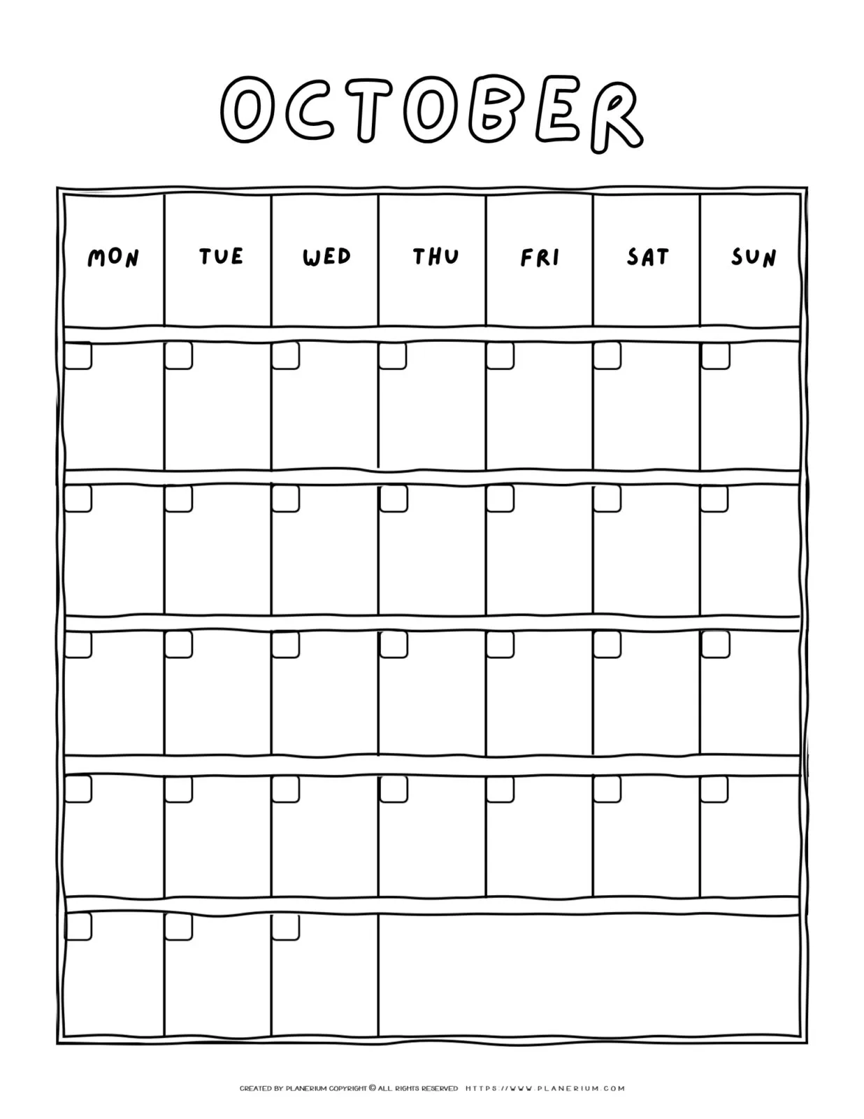 Printable blank October calendar with a Monday-to-Sunday grid