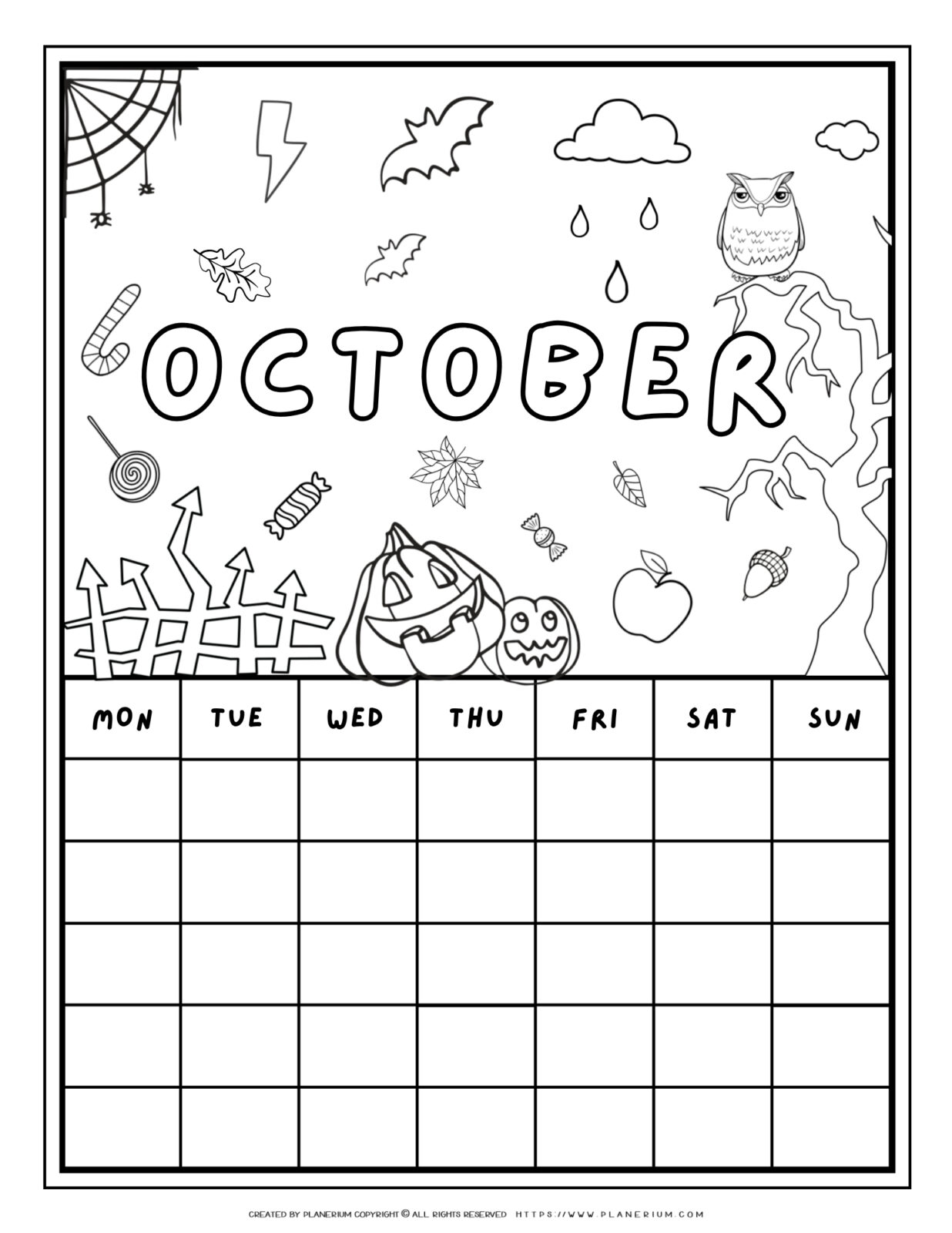 Printable October calendar coloring page with Halloween illustrations like pumpkins, bats, and an owl