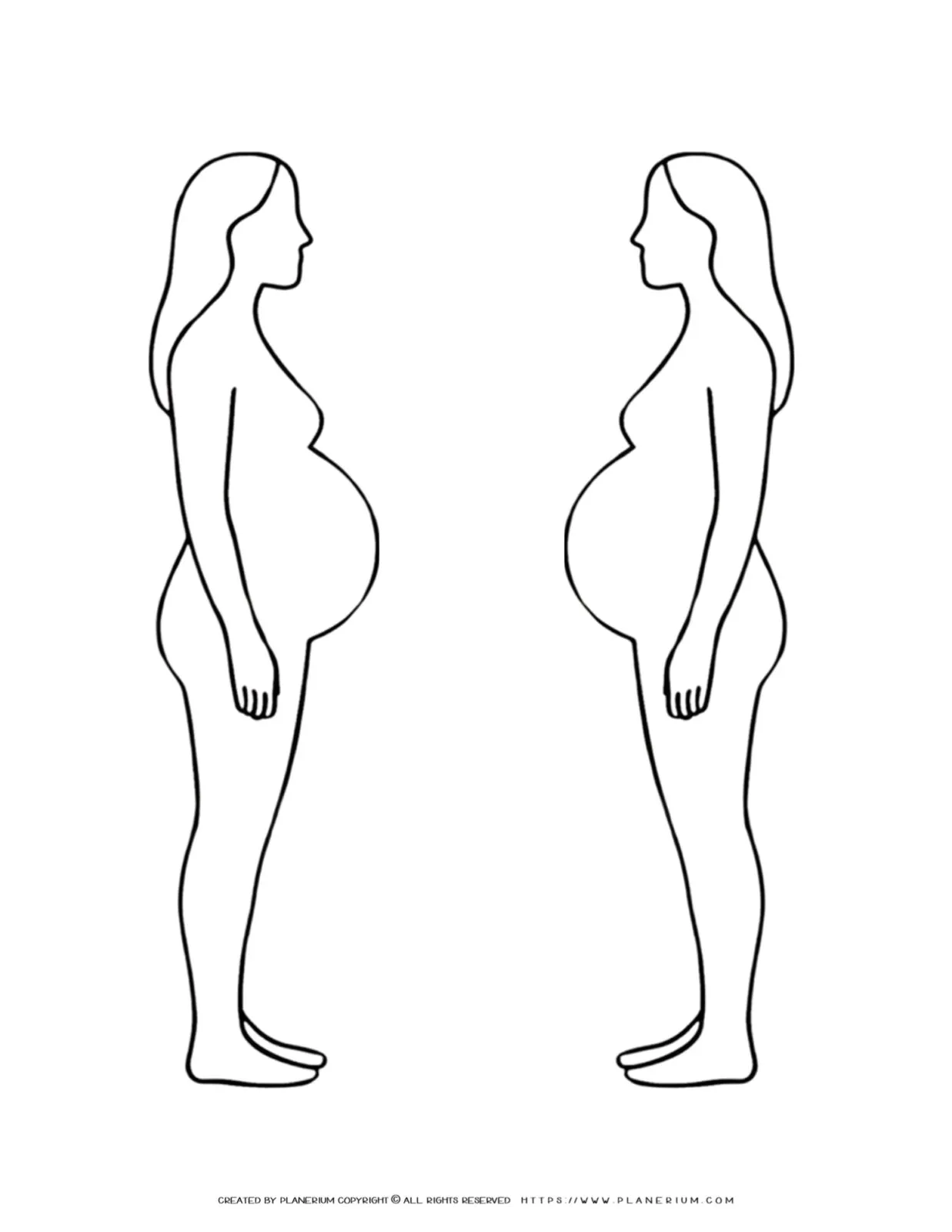 Printable outline of two figures representing a pregnant woman, ideal for art projects, educational materials, or decorative purposes.