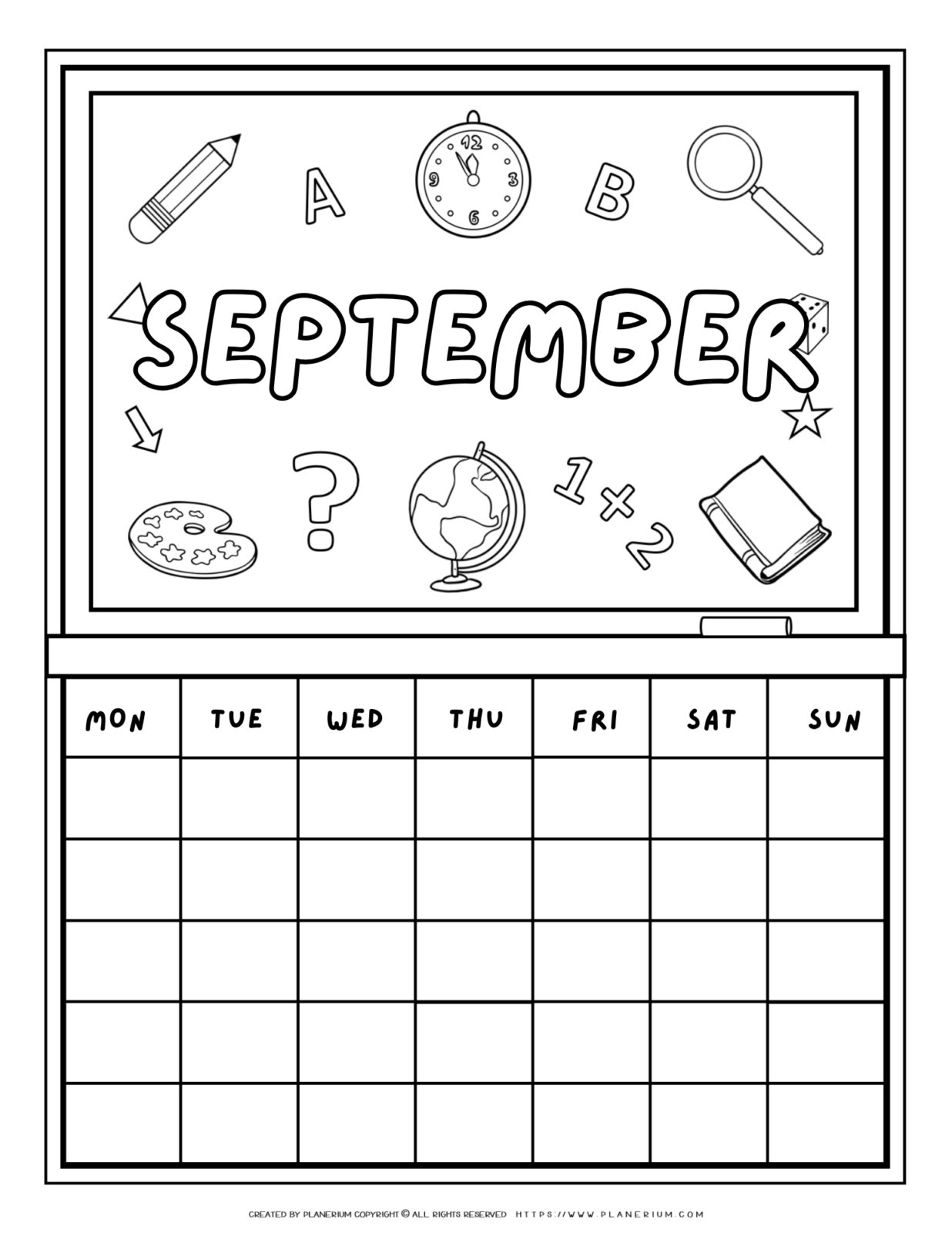 Printable September calendar coloring page with back-to-school illustrations like a pencil, book, and globe