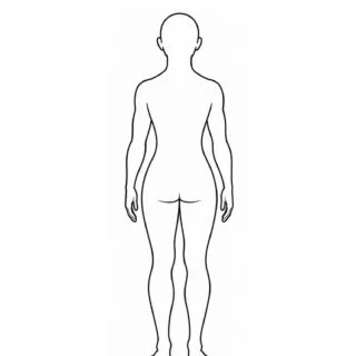 Printable female body outline template shown from the back in a neutral standing pose