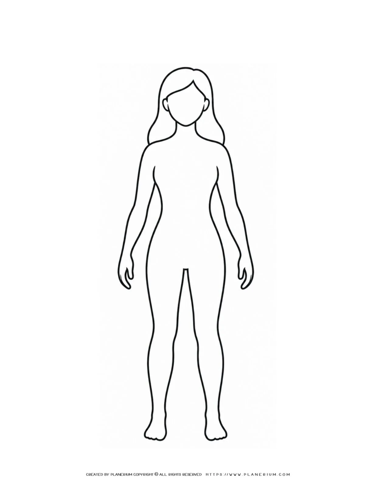 Female body outline with long hair and blank face for classroom activities