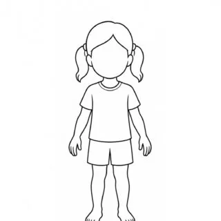 Little girl body outline template with pigtails wearing a t-shirt and shorts