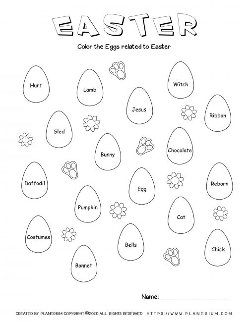 Easter worksheet - Color eggs with Easter words | Planerium