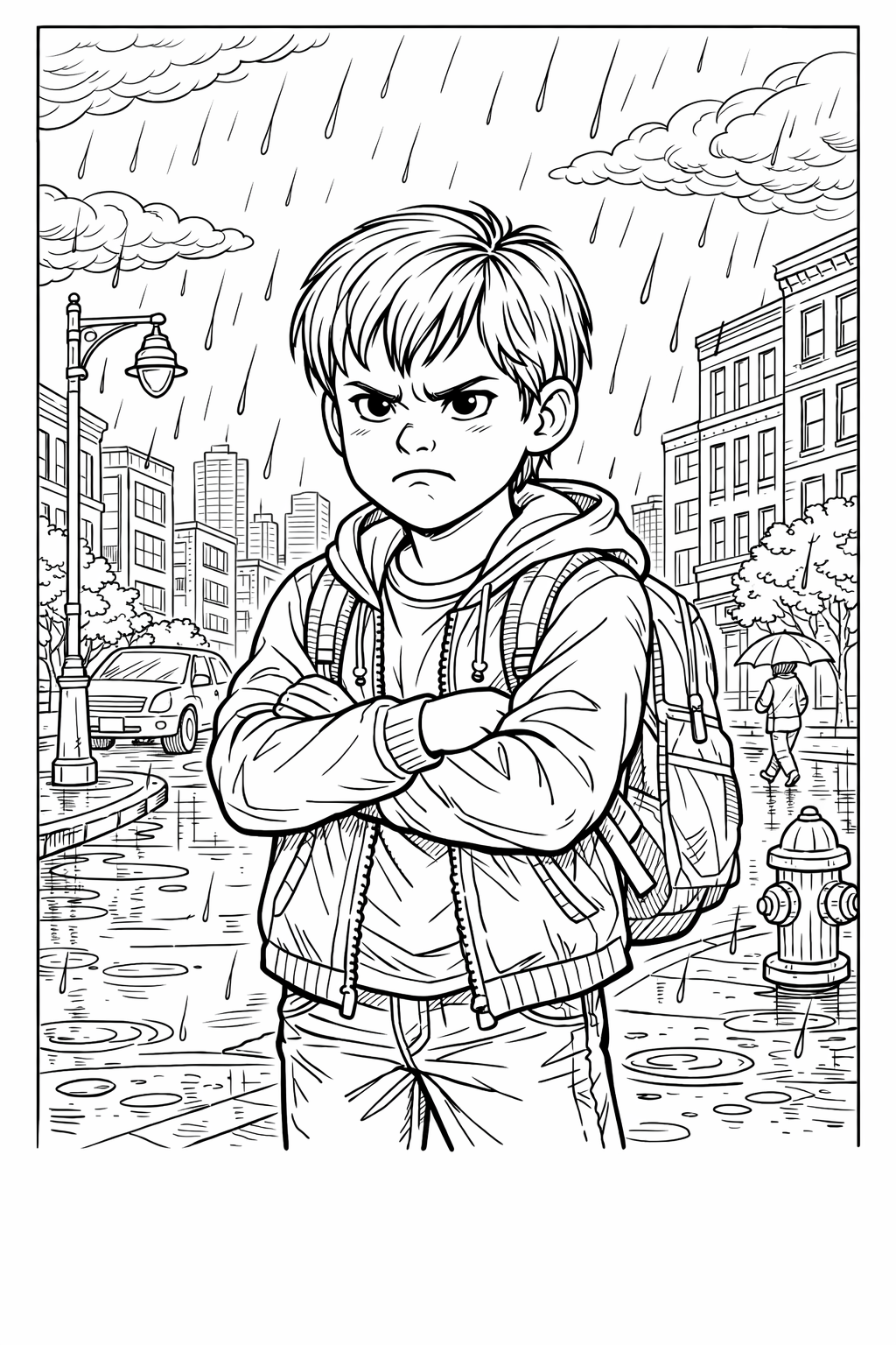 Angry Boy on a Rainy City Street Coloring Page