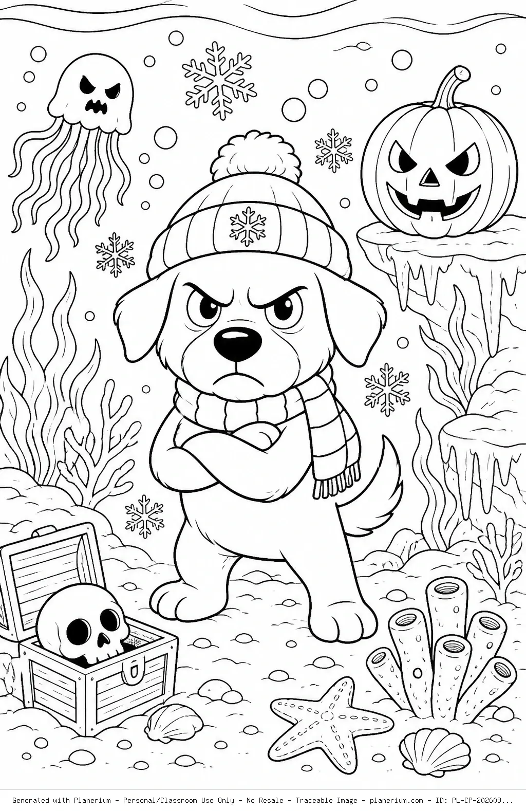 Angry Dog Underwater Winter Coloring Page
