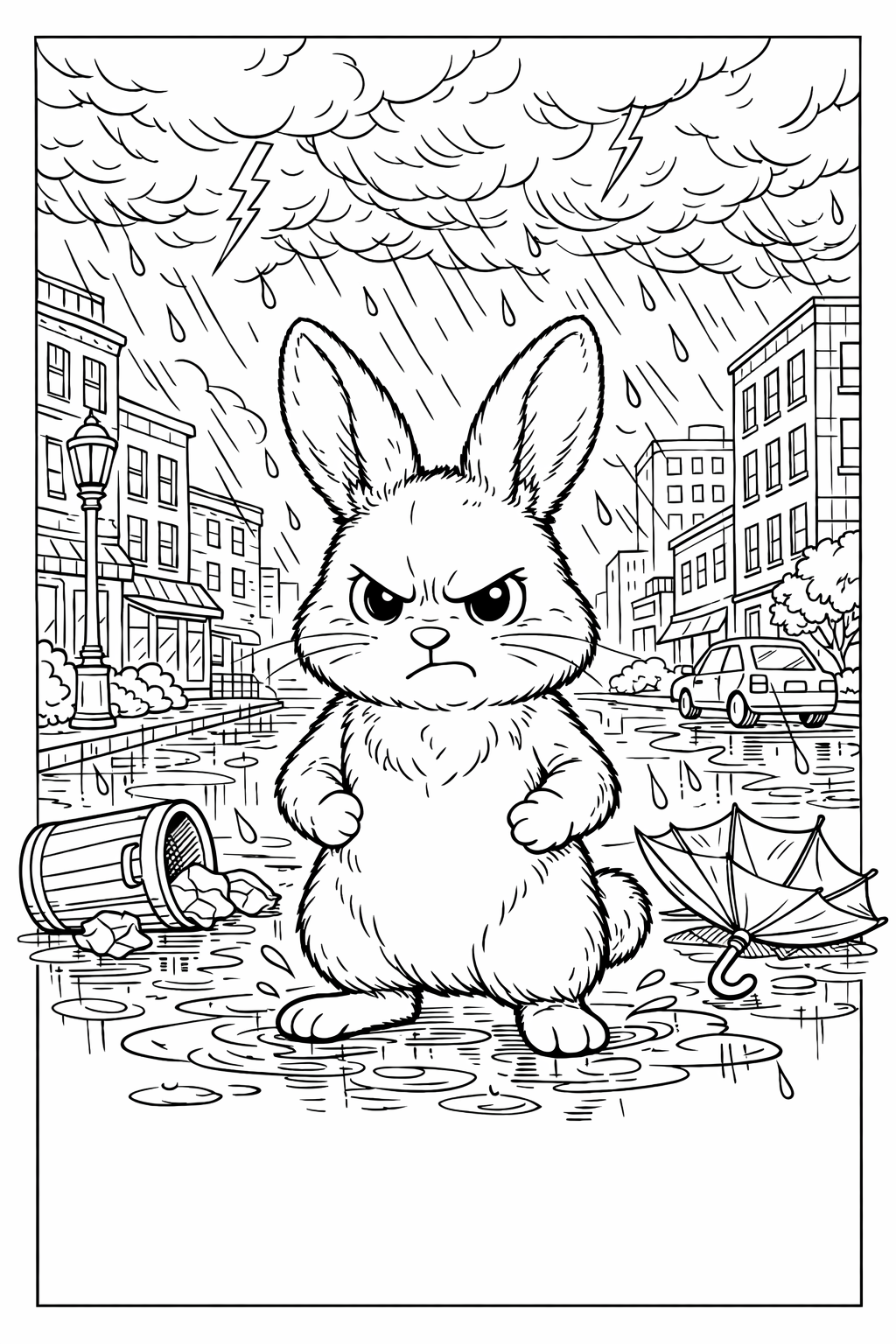 Angry Rabbit in a Stormy City Coloring Page