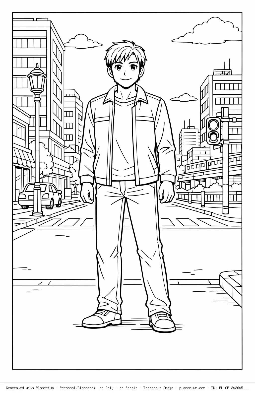 Anime-Style Man Standing in a City Coloring Page
