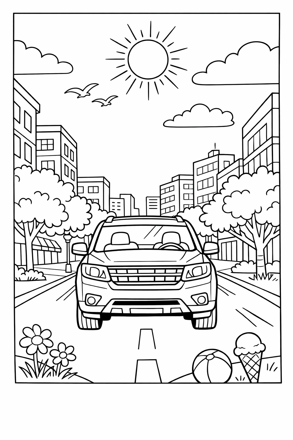 City Summer Vehicle Scene Coloring Page