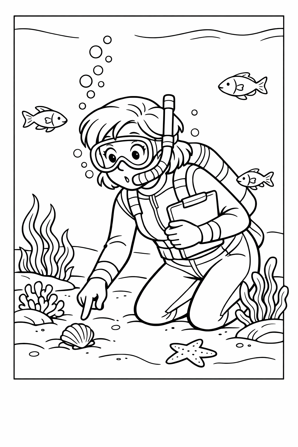Curious Underwater Teacher Exploring Marine Life Coloring Page