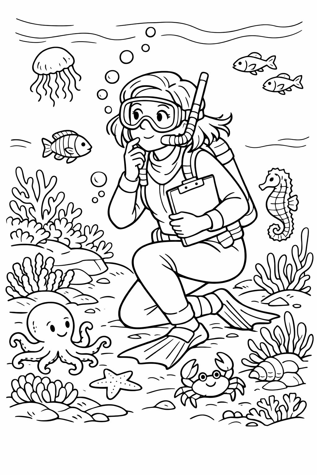 Curious Underwater Teacher Exploring Marine Life Coloring Page
