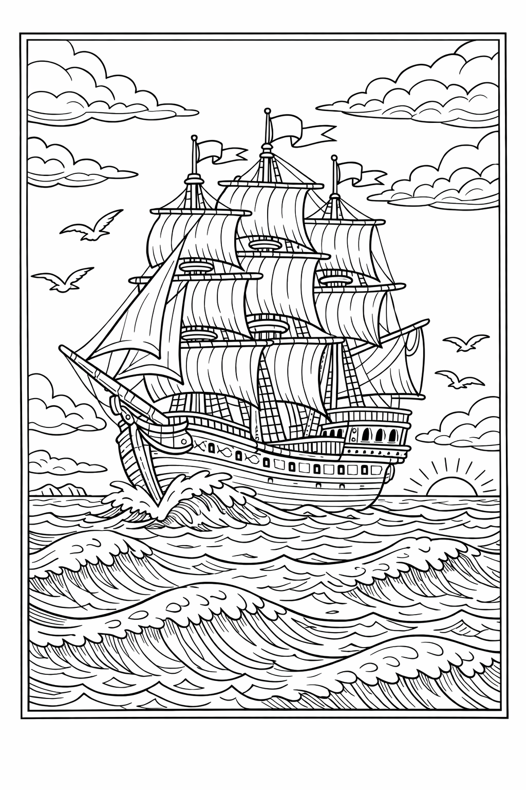 Detailed Ship on Ocean Coloring Page