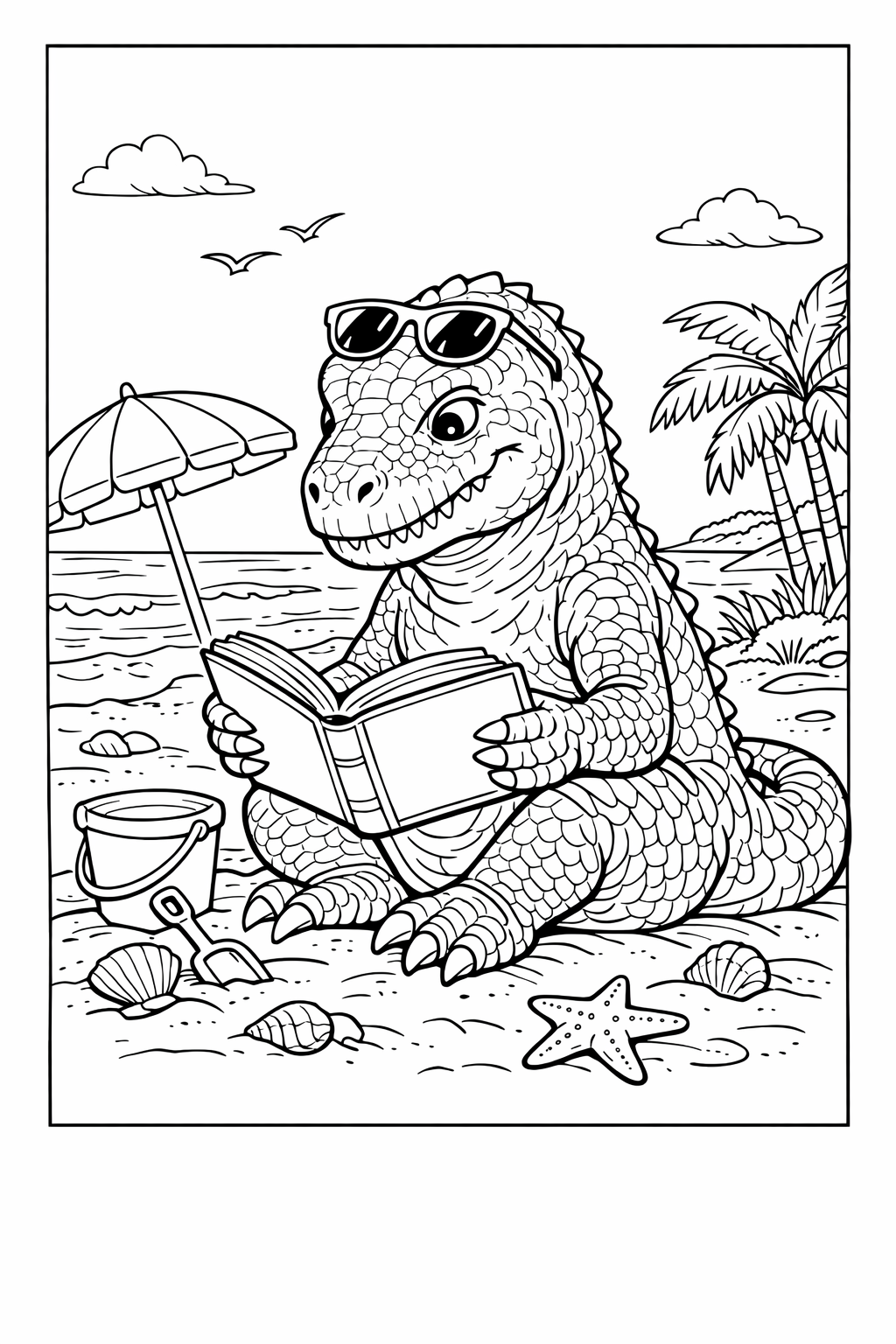 Dinosaur Reading at the Summer Beach Coloring Page