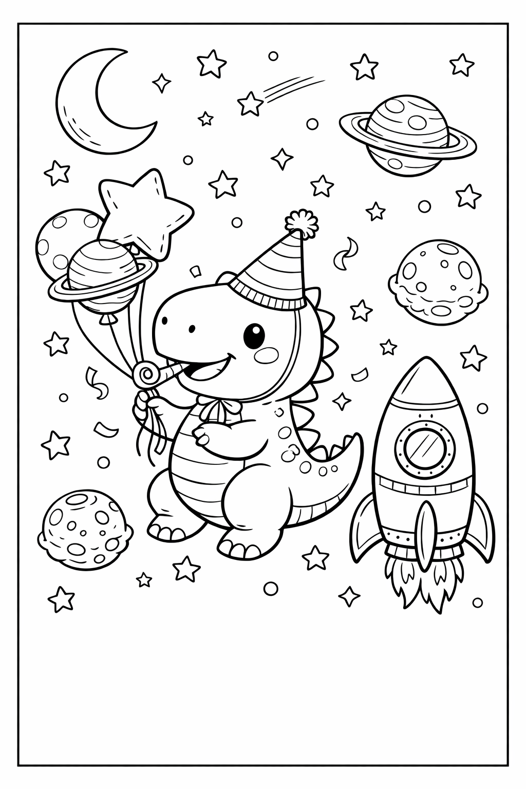 Dinosaur’s Space Birthday Celebration Coloring Page