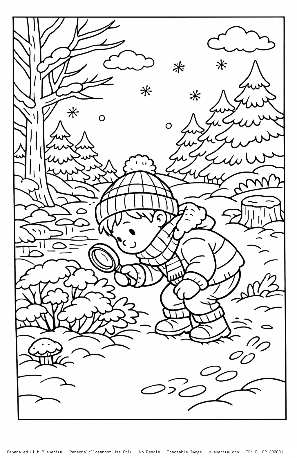 Exploring Child Forest Winter Coloring Page