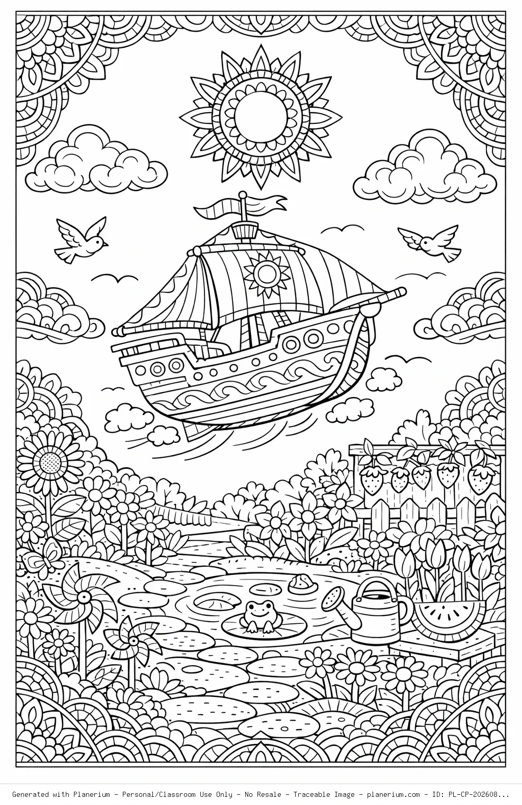 Flying Boat Garden Summer Coloring Page