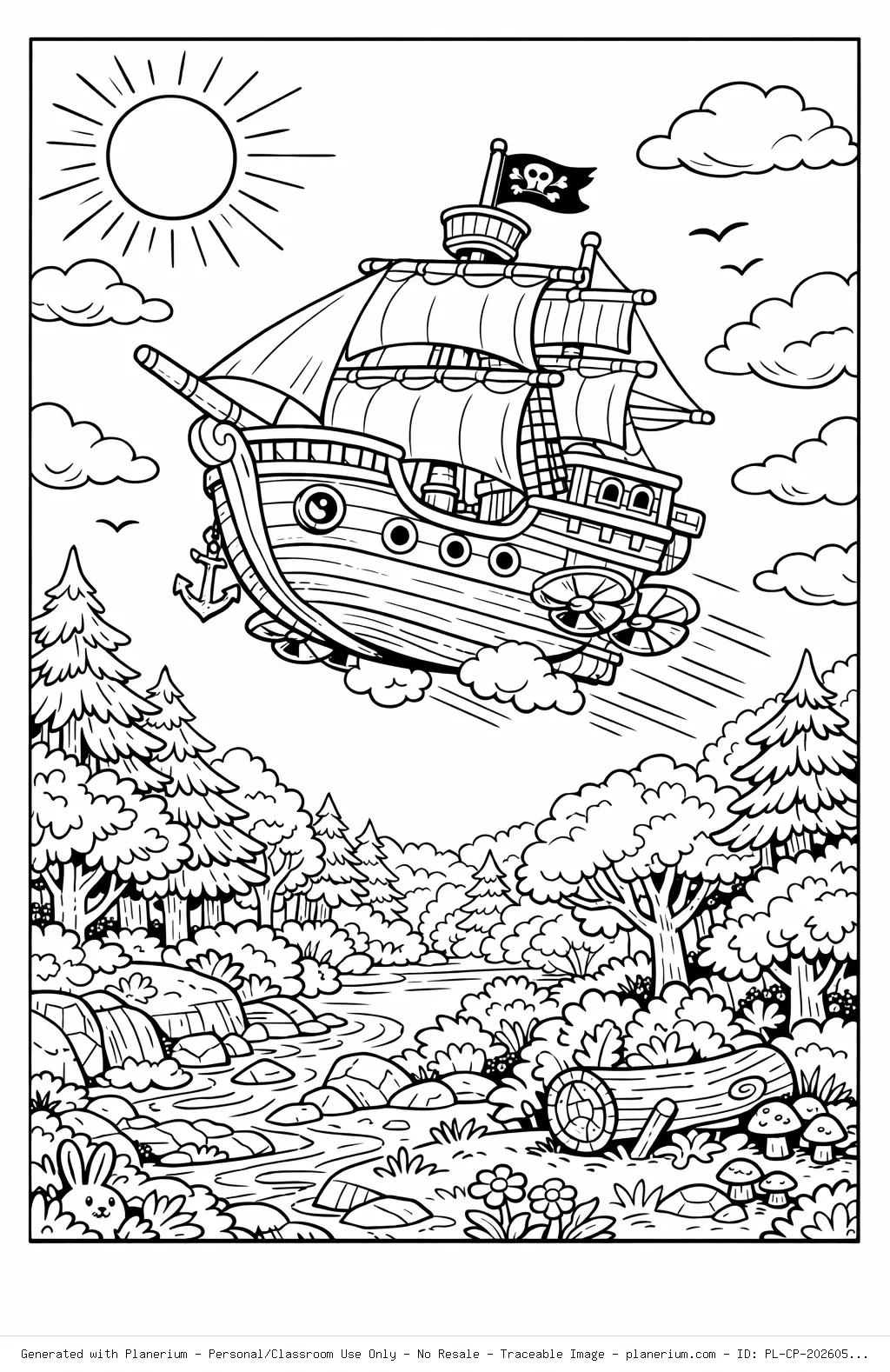Flying Ship Adventure in a Sunny Forest Coloring Page