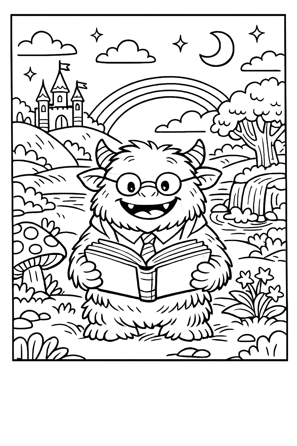 Friendly Monster Teacher Reading in a Magical Land Coloring Page