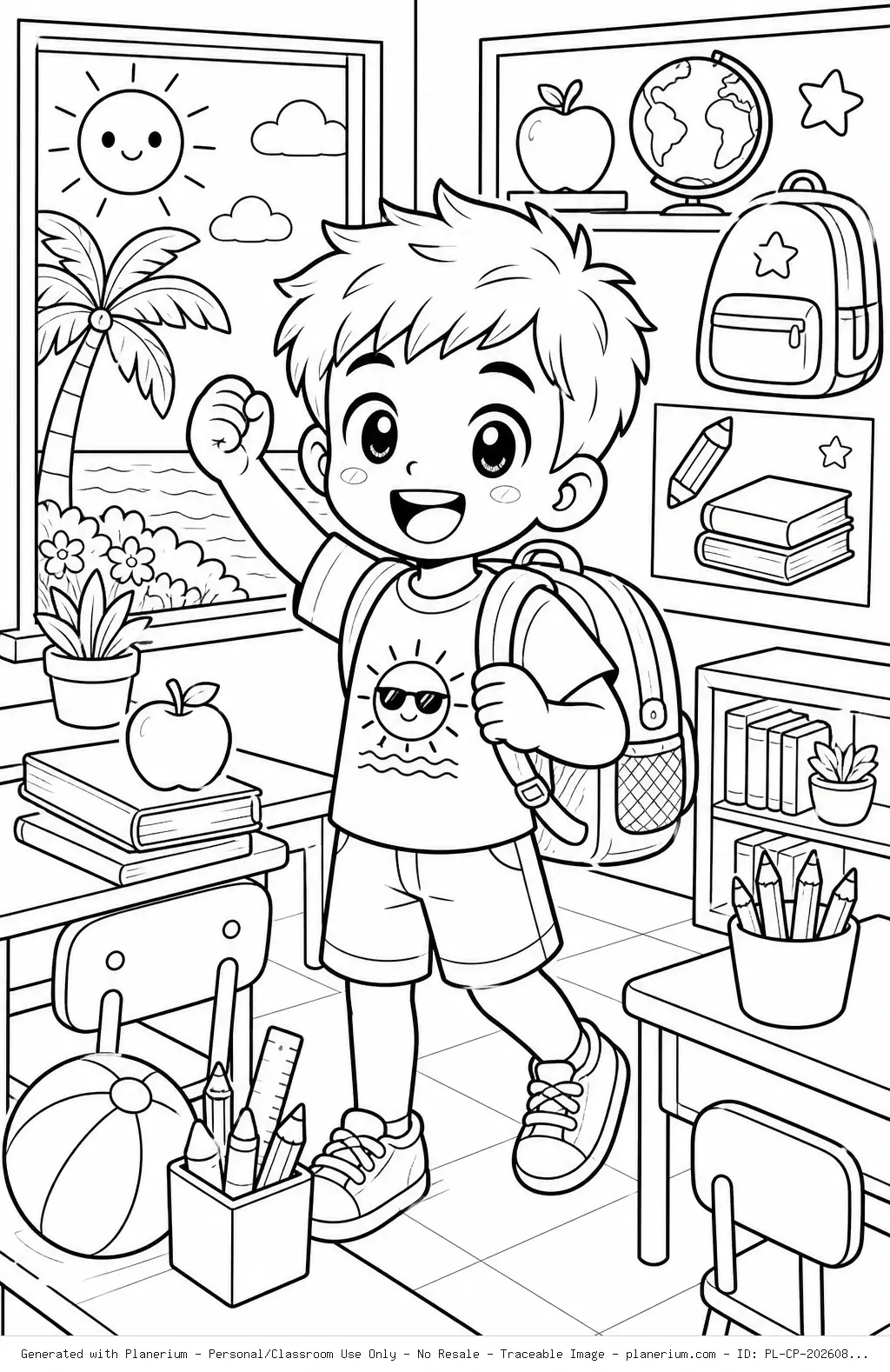 Happy Boy Classroom Summer Coloring Page