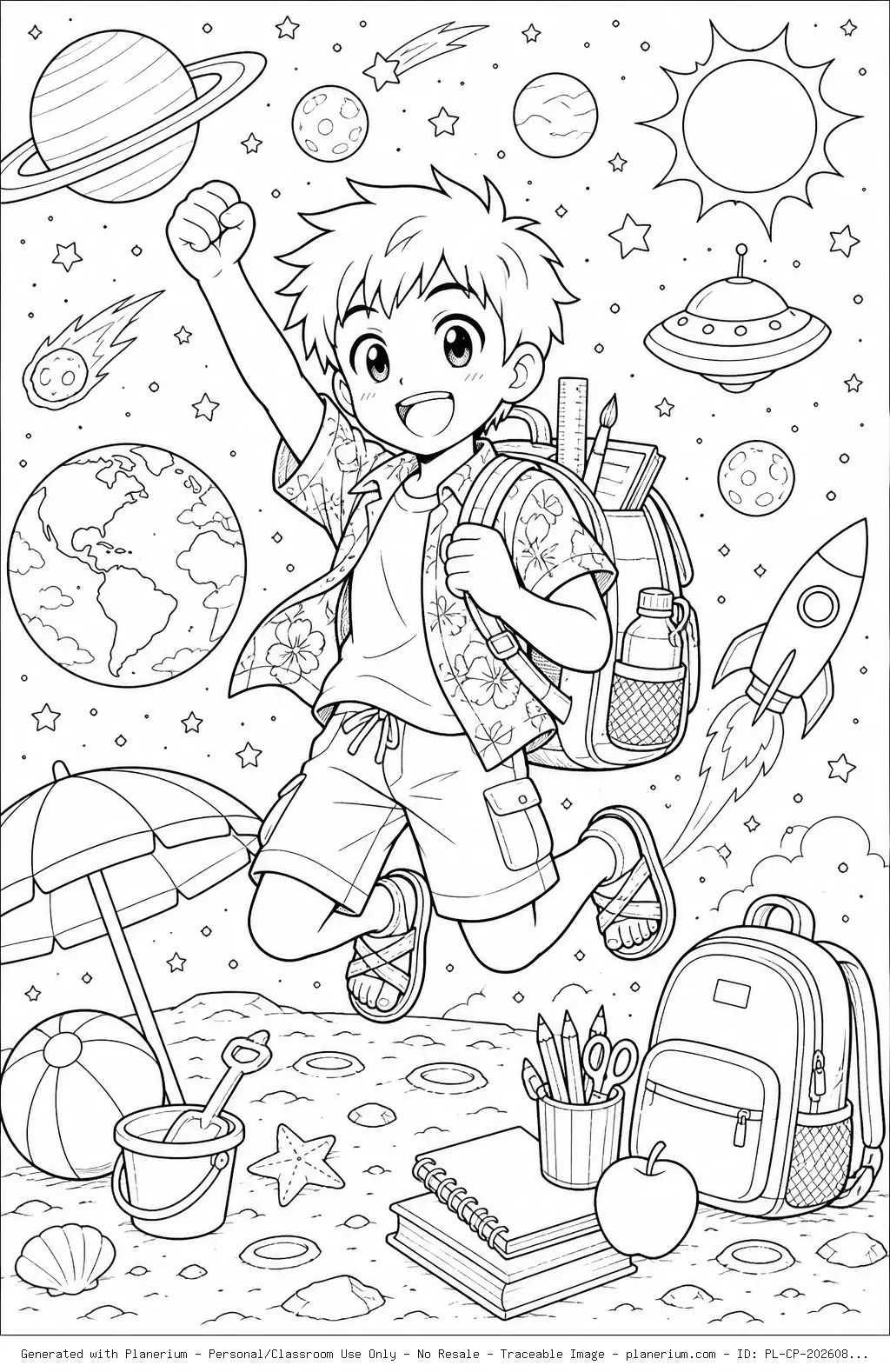 Happy Boy Space Summer Coloring Page