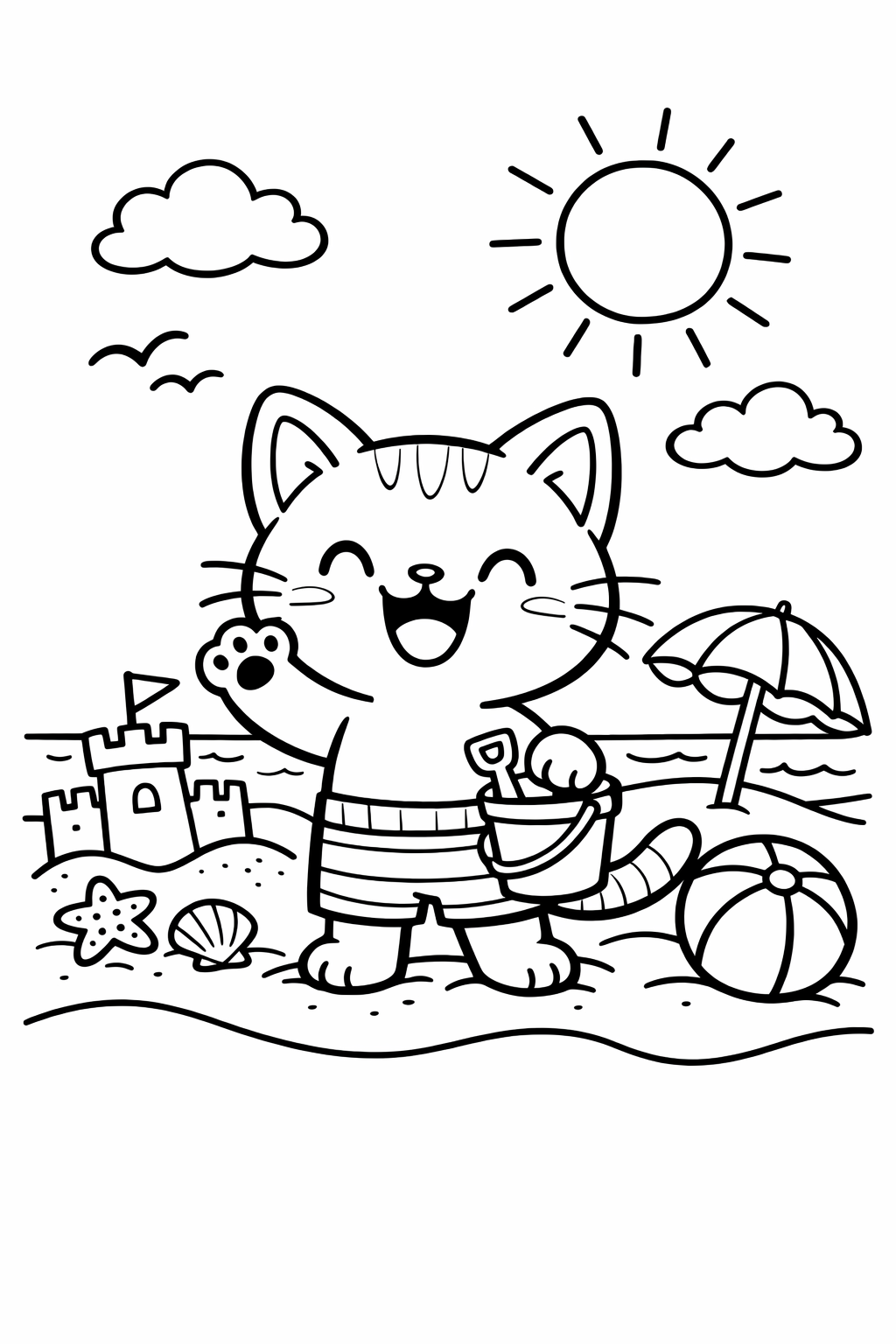 Happy Cat at the Summer Beach Coloring Page