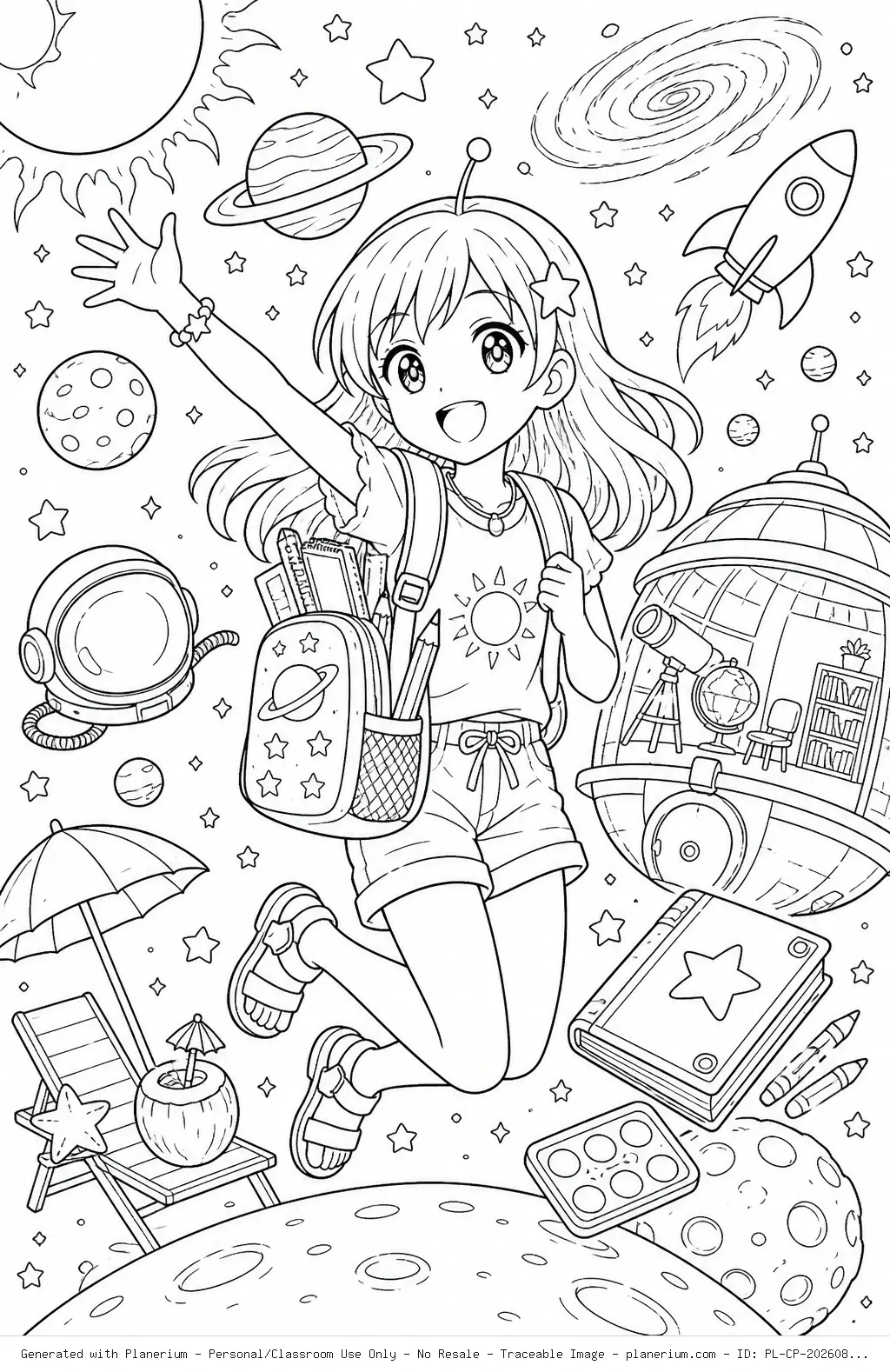 Happy Girl Space Summer Coloring Page