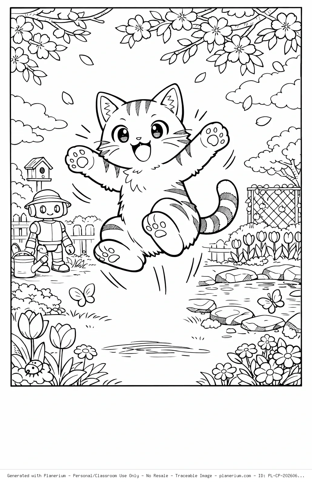 Jumping Cat Garden Spring Coloring Page