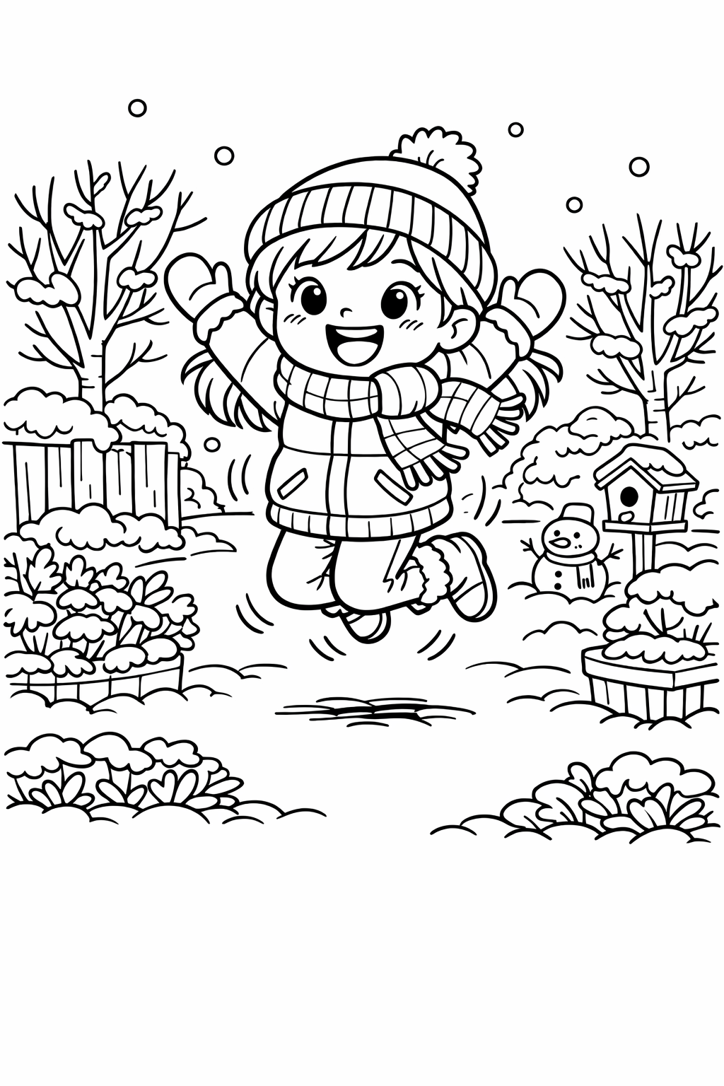Jumping Girl in a Winter Garden Coloring Page