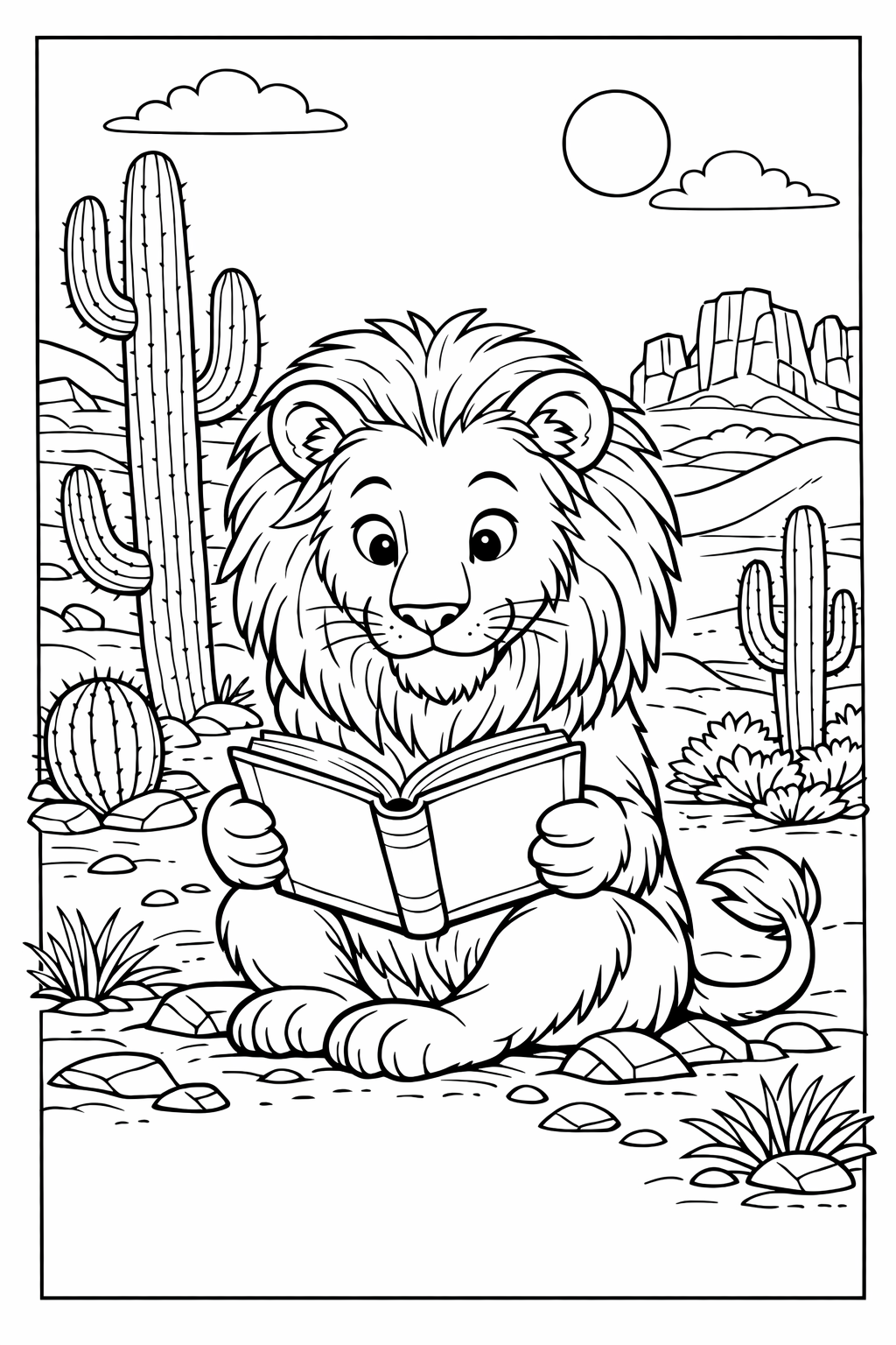 Lion Reading in the Desert Coloring Page