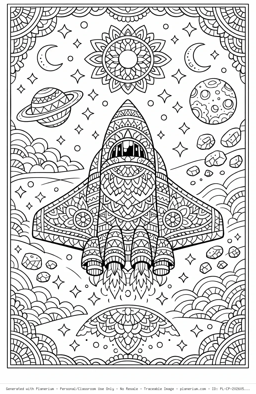 Mandala-Inspired Space Ship Adventure Coloring Page