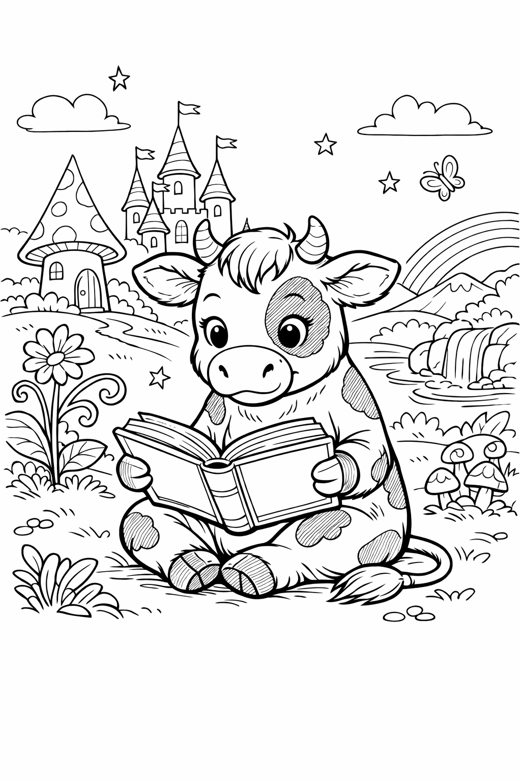 Reading Cow in a Magical Land Coloring Page